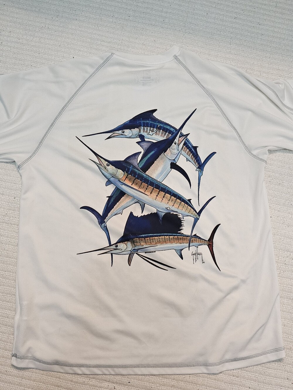 Guy Harvey White Swim Rash Guard with Blue and Tan Marlin Art. Size Large